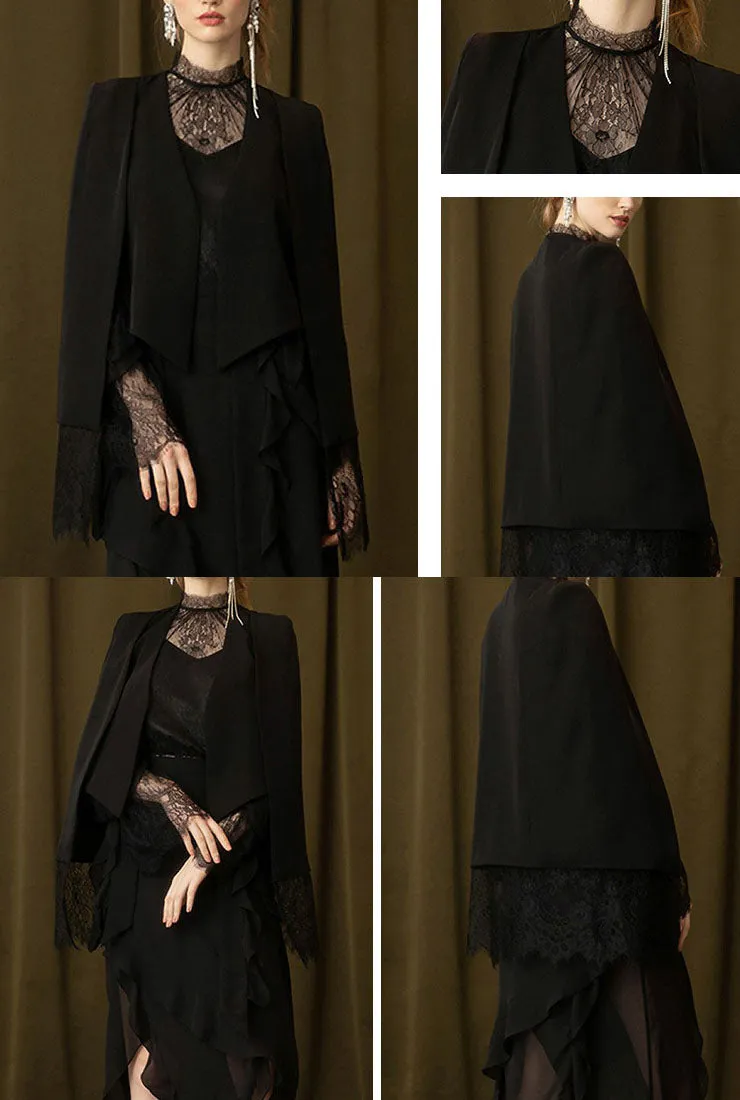 Slim-fit Floral Lace Layered Poncho Coats