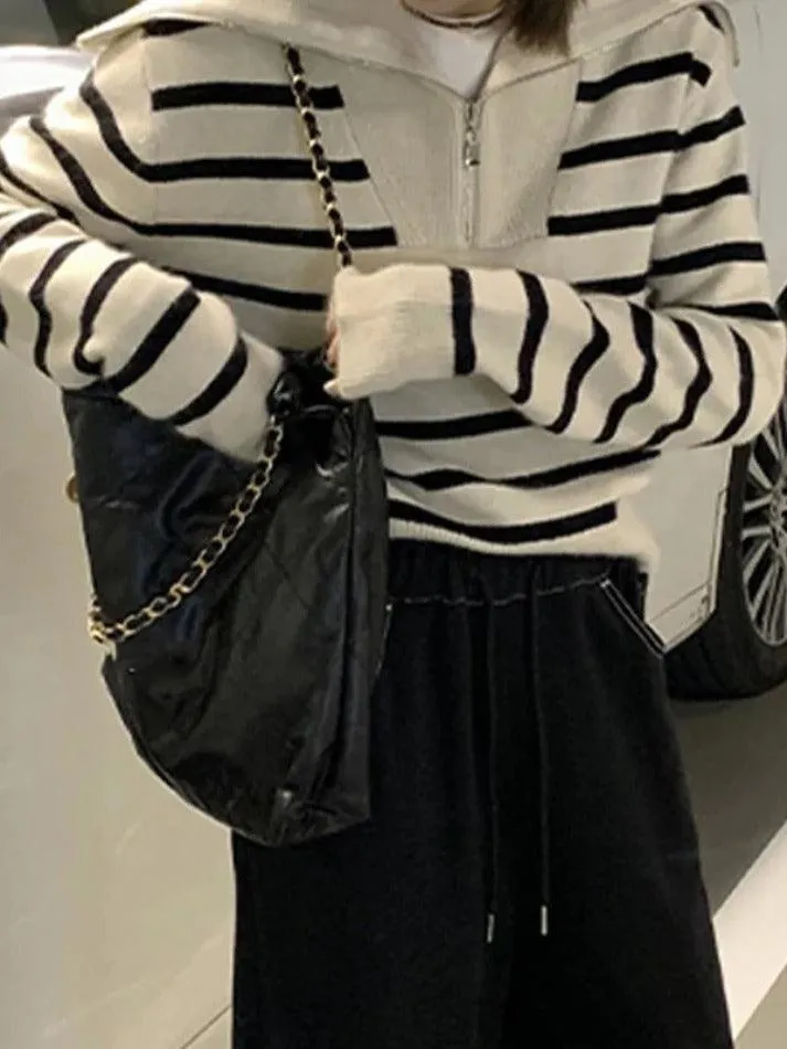 Stripe Splice Lapel Neck Half Zip Sweater