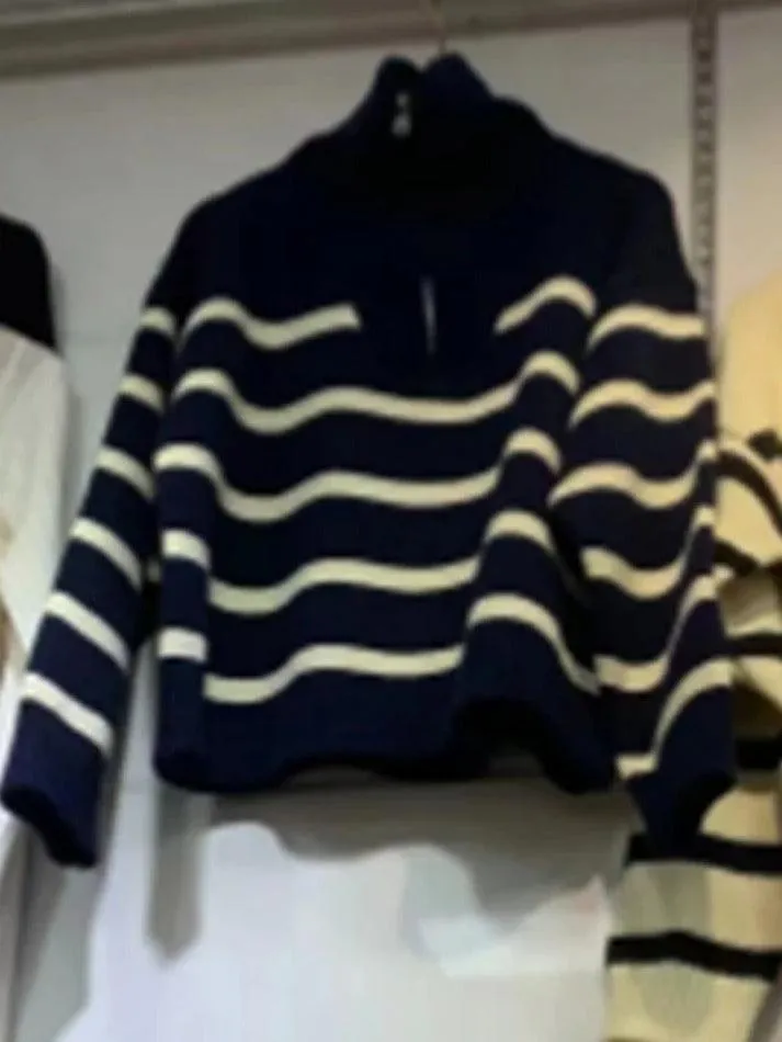 Stripe Splice Lapel Neck Half Zip Sweater