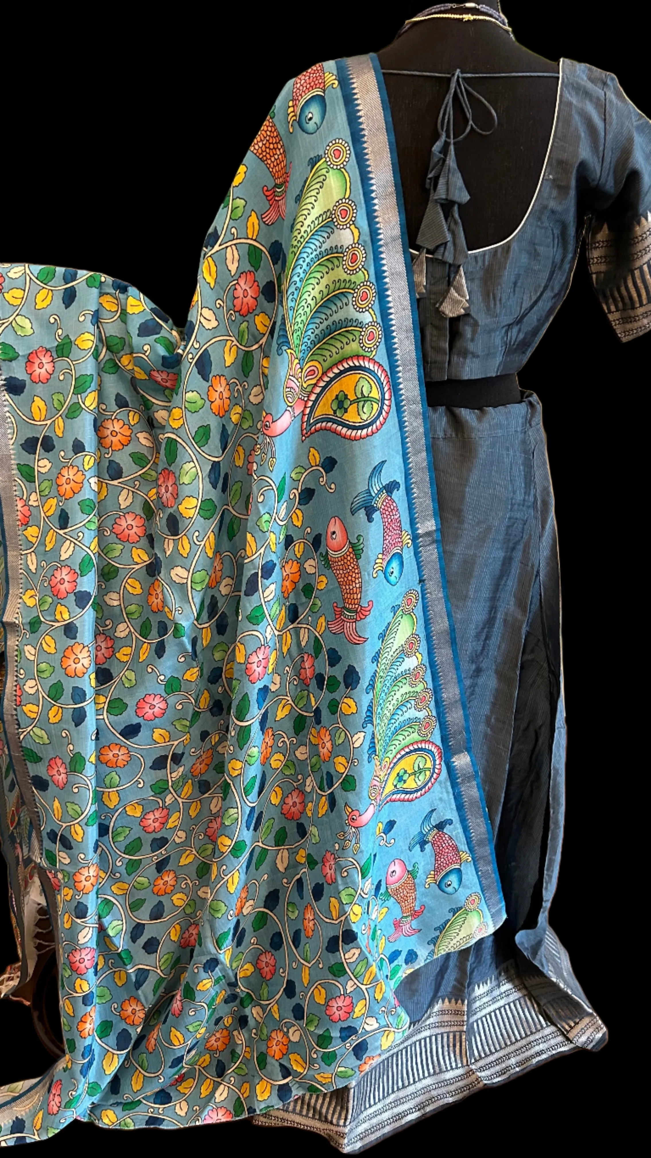 Teal Pure Mangalagiri Silk Cotton Lehenga with pen kalamkari Dupatta