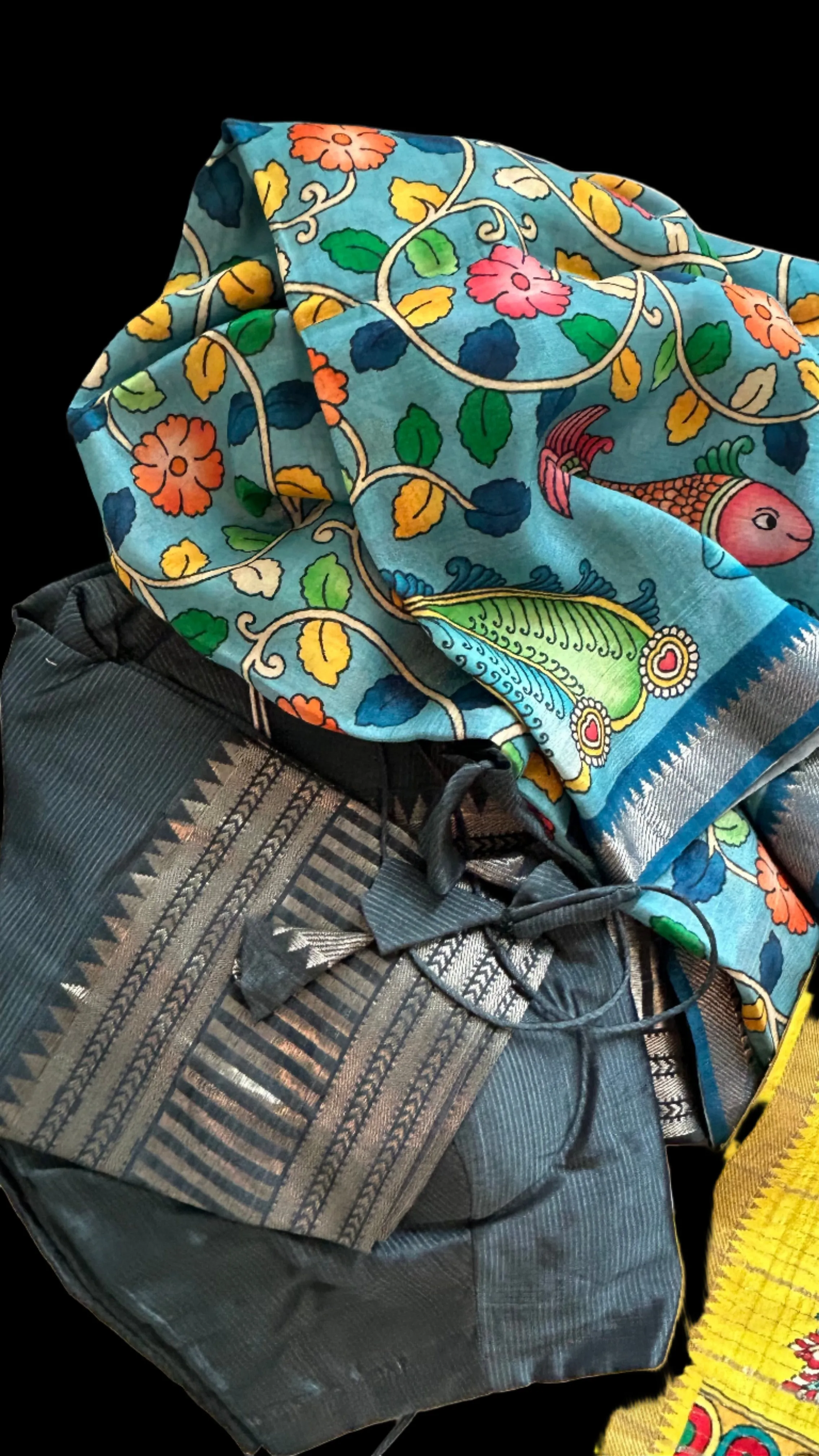 Teal Pure Mangalagiri Silk Cotton Lehenga with pen kalamkari Dupatta