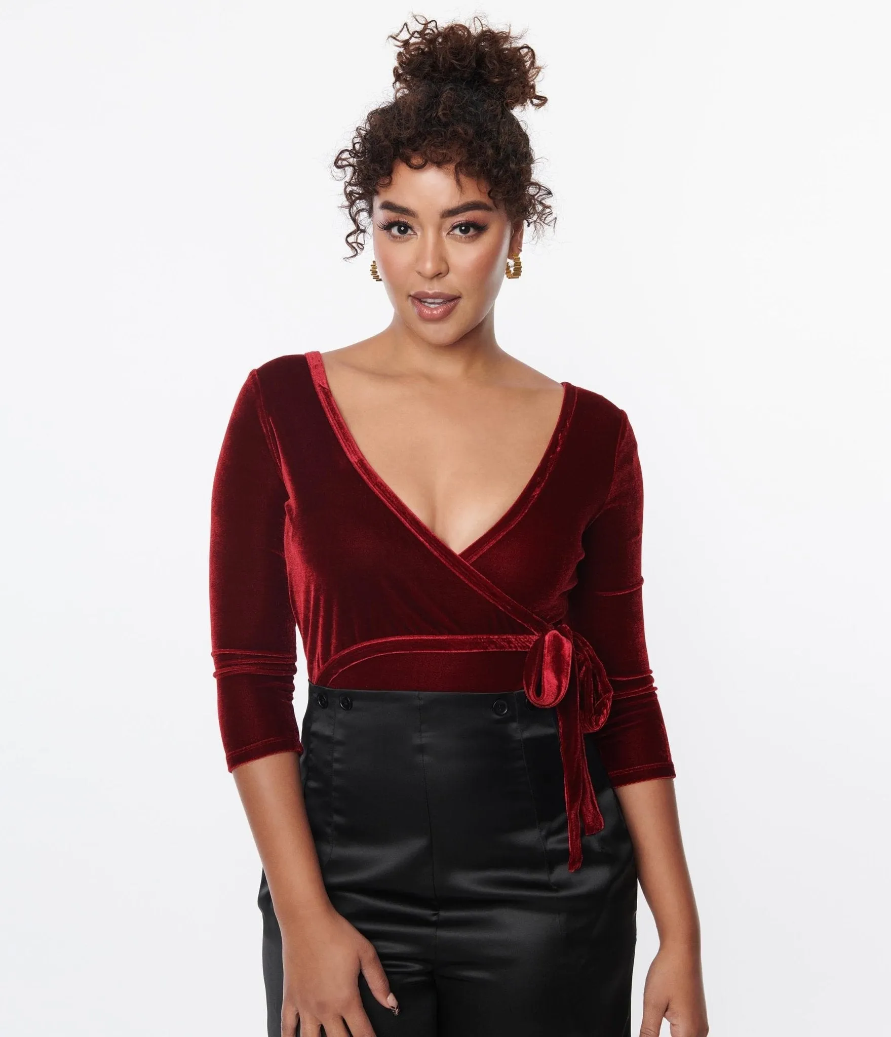 Unique Vintage 1970s Wine Velvet Surplice Bodysuit