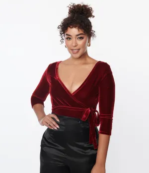 Unique Vintage 1970s Wine Velvet Surplice Bodysuit
