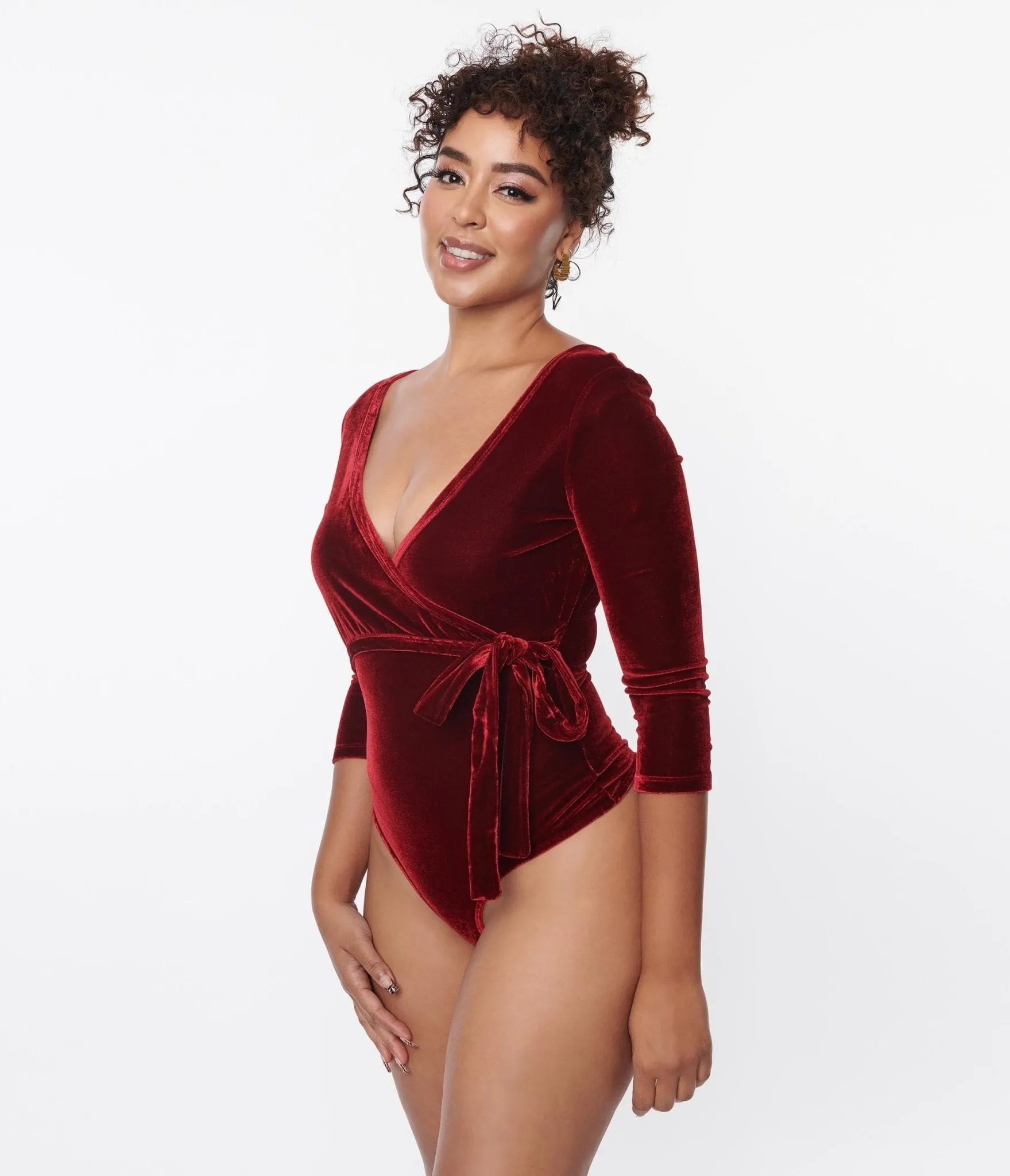 Unique Vintage 1970s Wine Velvet Surplice Bodysuit