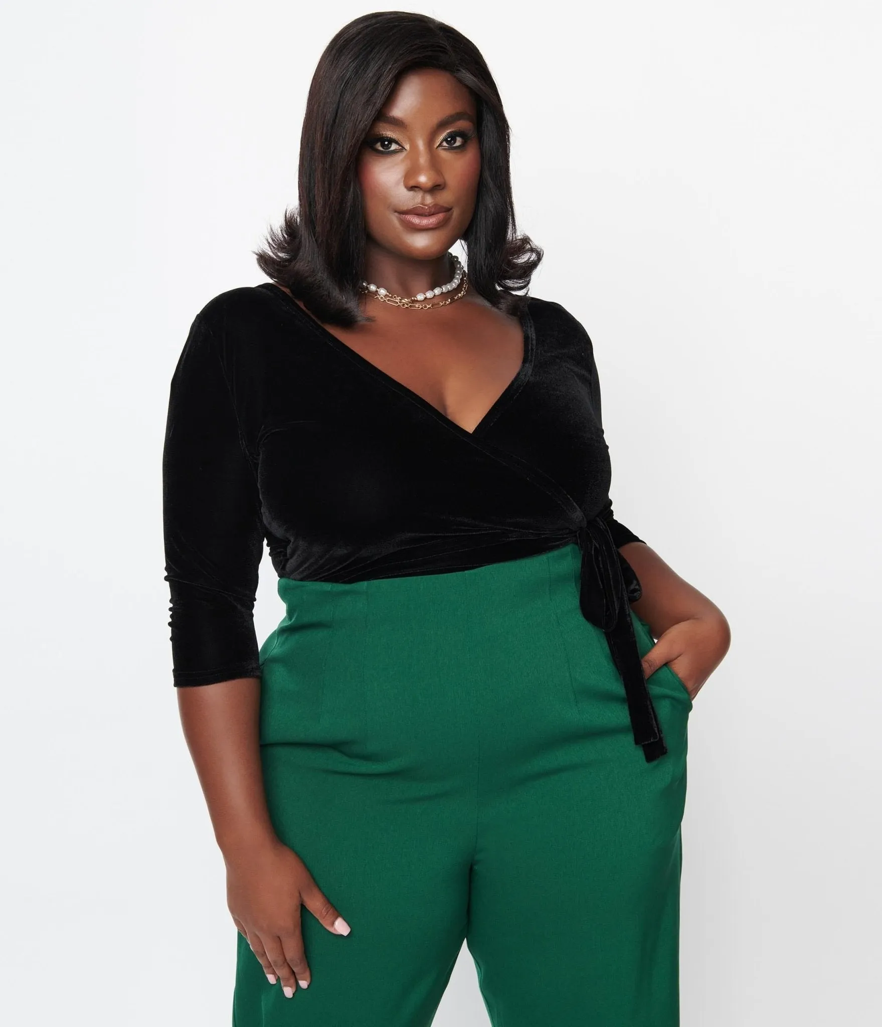Unique Vintage Plus Size 1970s Black Velvet Surplice Bodysuit