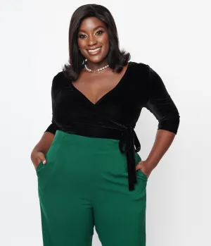 Unique Vintage Plus Size 1970s Black Velvet Surplice Bodysuit