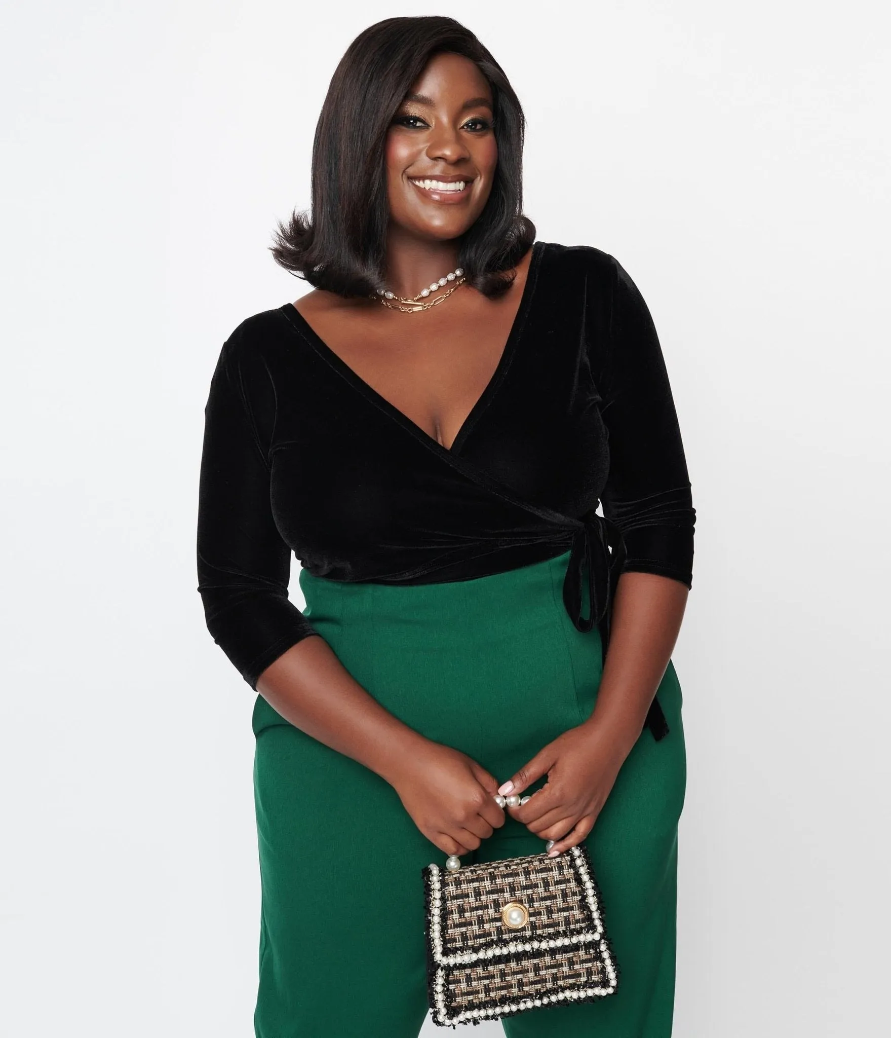 Unique Vintage Plus Size 1970s Black Velvet Surplice Bodysuit