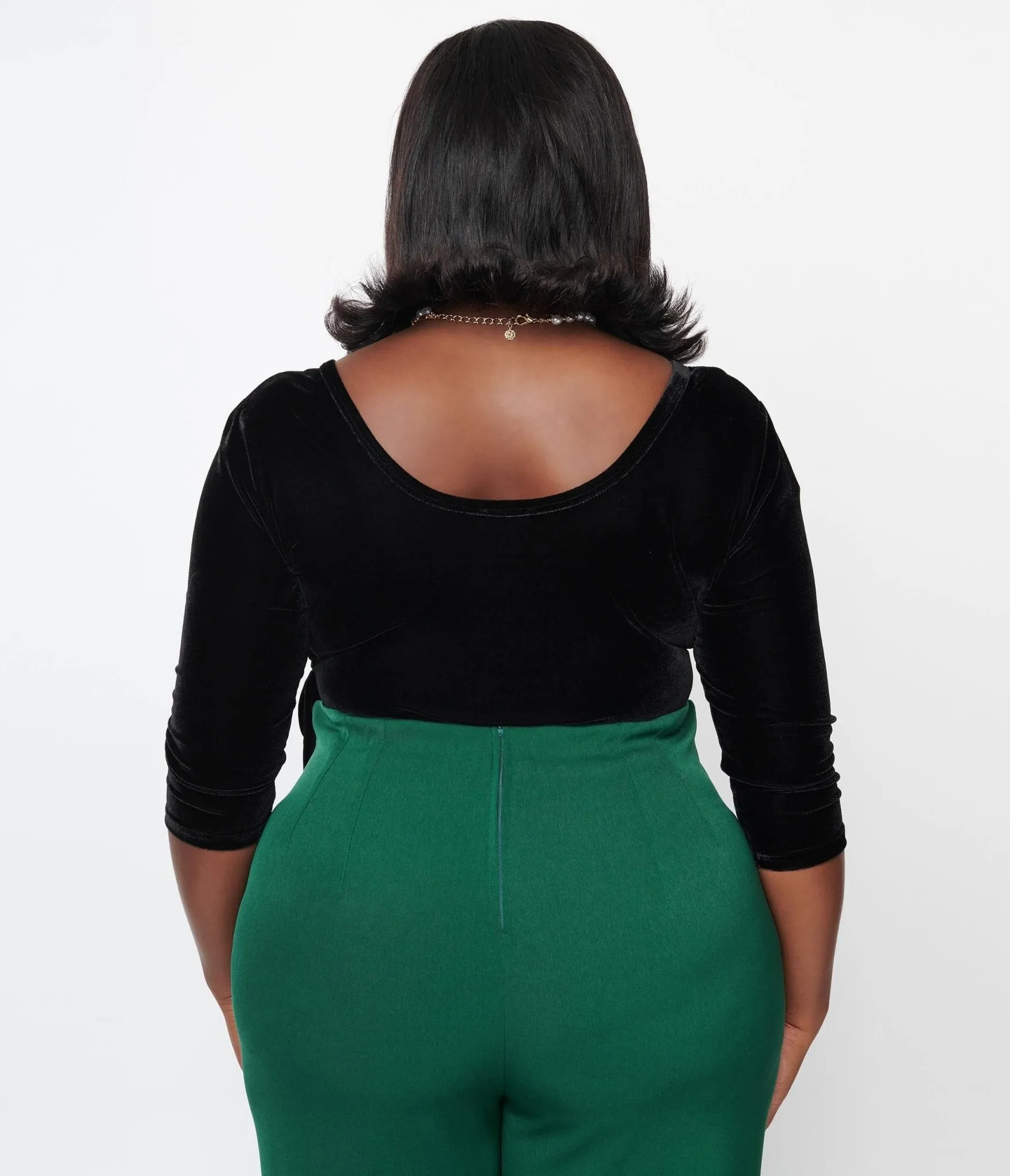 Unique Vintage Plus Size 1970s Black Velvet Surplice Bodysuit