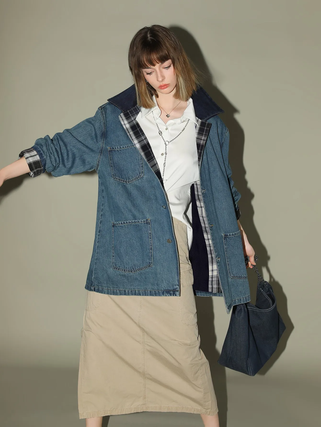 Vintage Long Denim Jacket With Plaid Lining