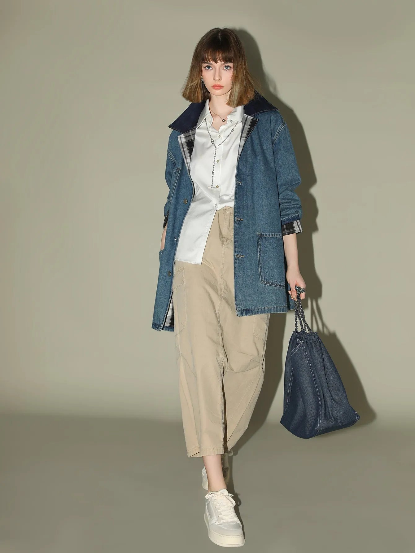 Vintage Long Denim Jacket With Plaid Lining