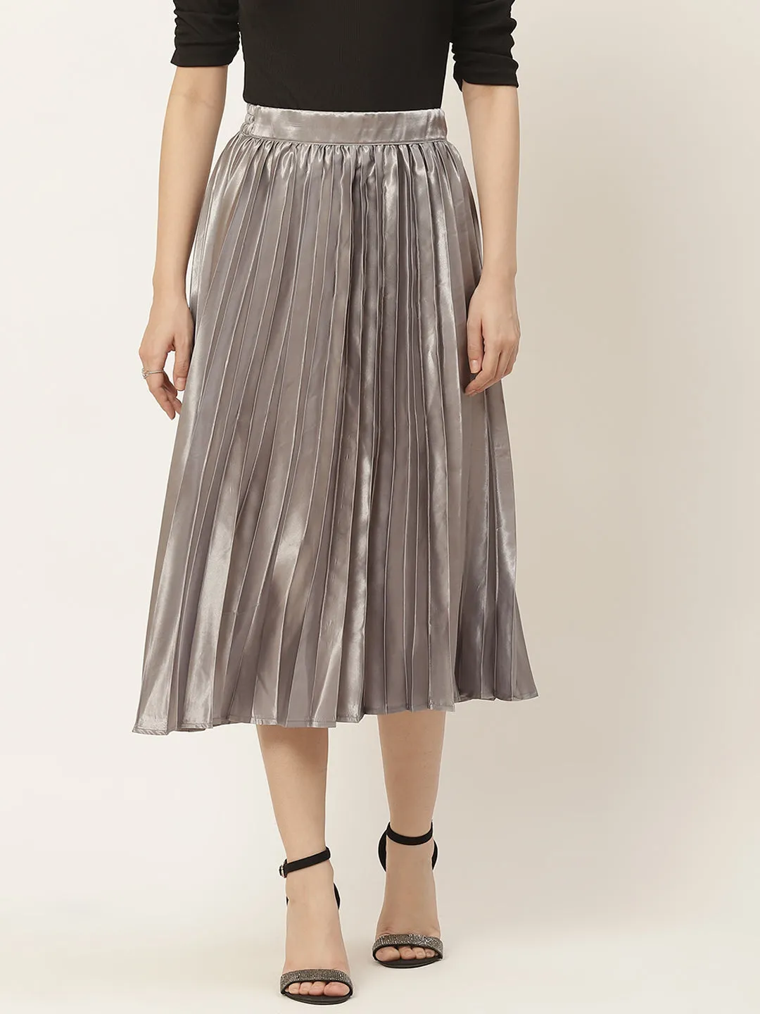 Women Solid Blue Pleated Skirt