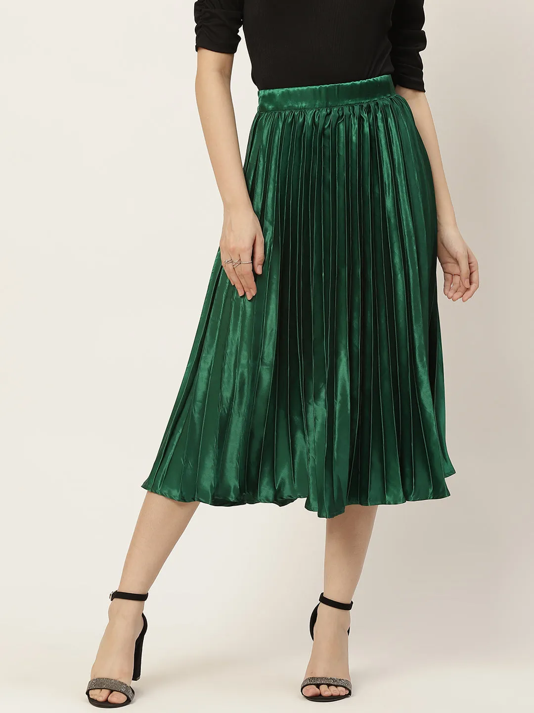 Women Solid Blue Pleated Skirt
