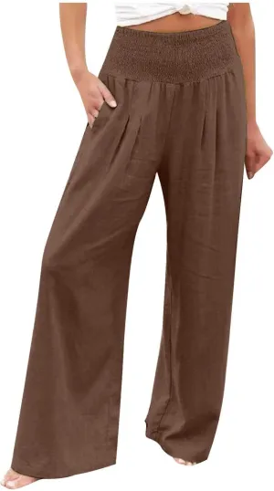 Women's Summer High Waisted Cotton Linen Palazzo Pants Wide Leg Long Lounge Pant Trousers Joggers Slacks with Pockets