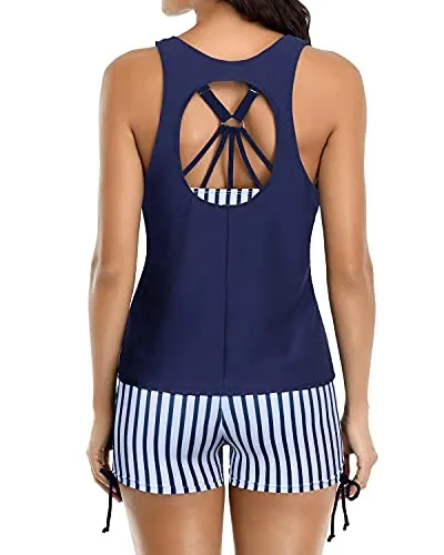 Women's Tankini Swimsuits Shorts And Tank Tops Bra And Boyshorts-Navy Stripe