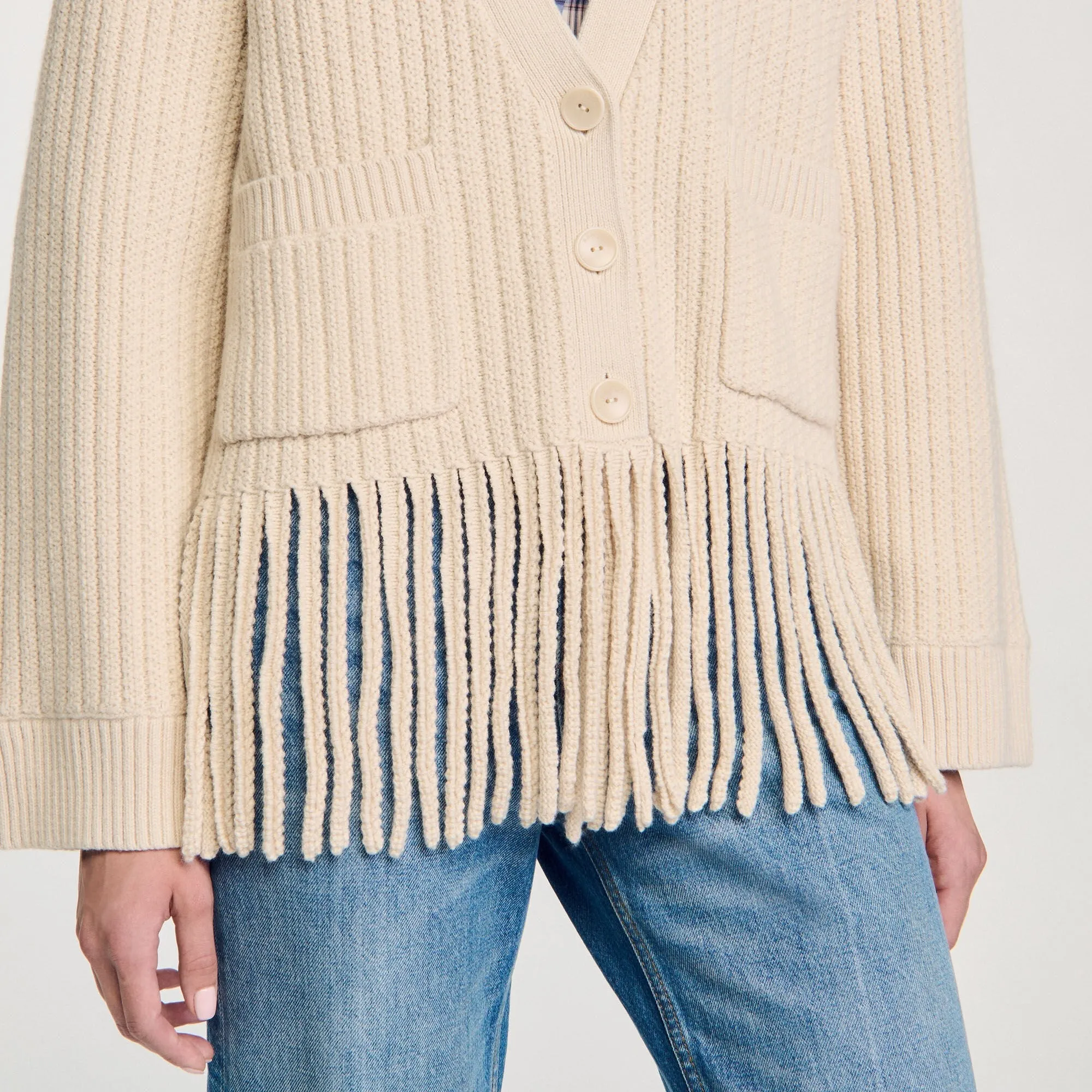 Zoe Fringed Knit Cardigan Ecru