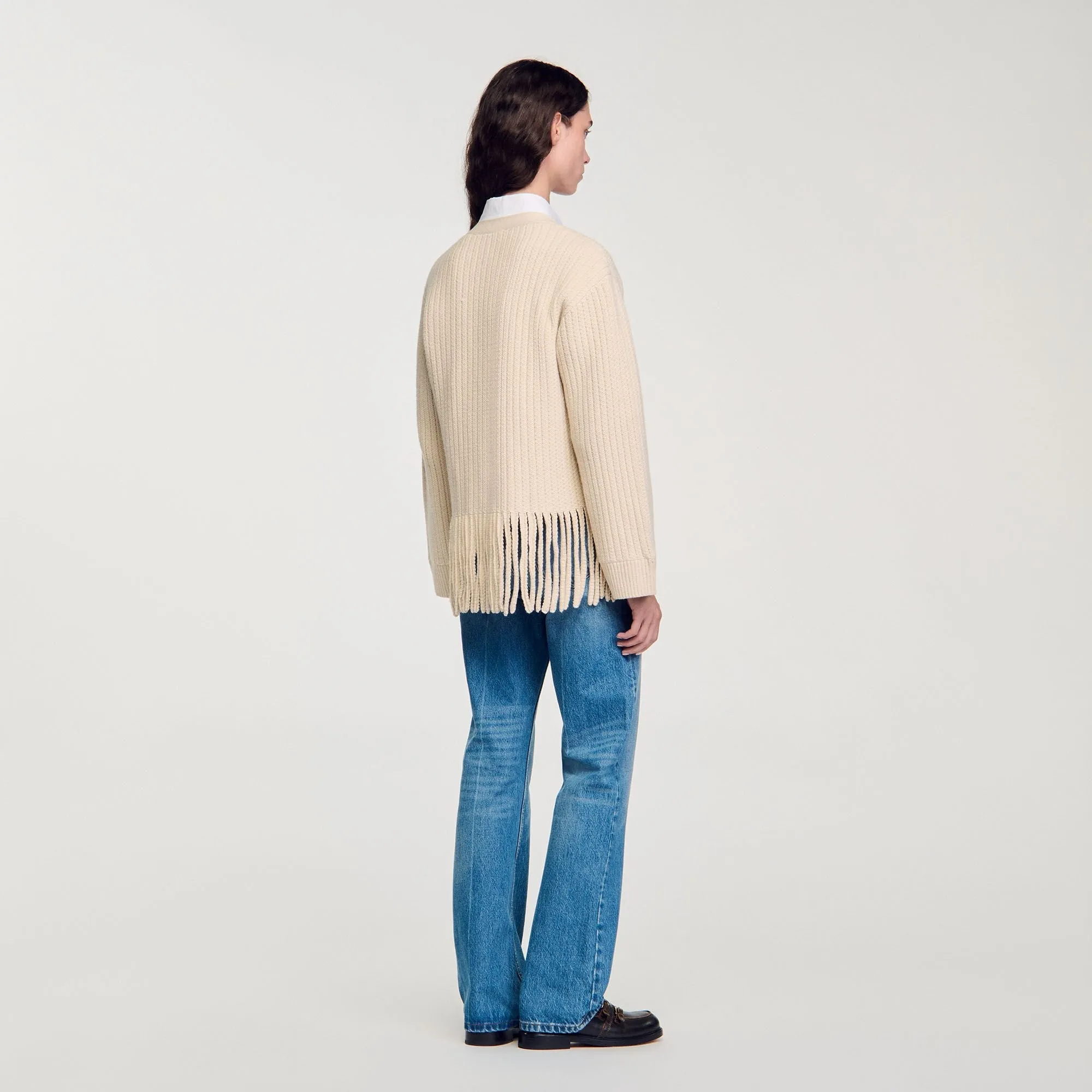 Zoe Fringed Knit Cardigan Ecru