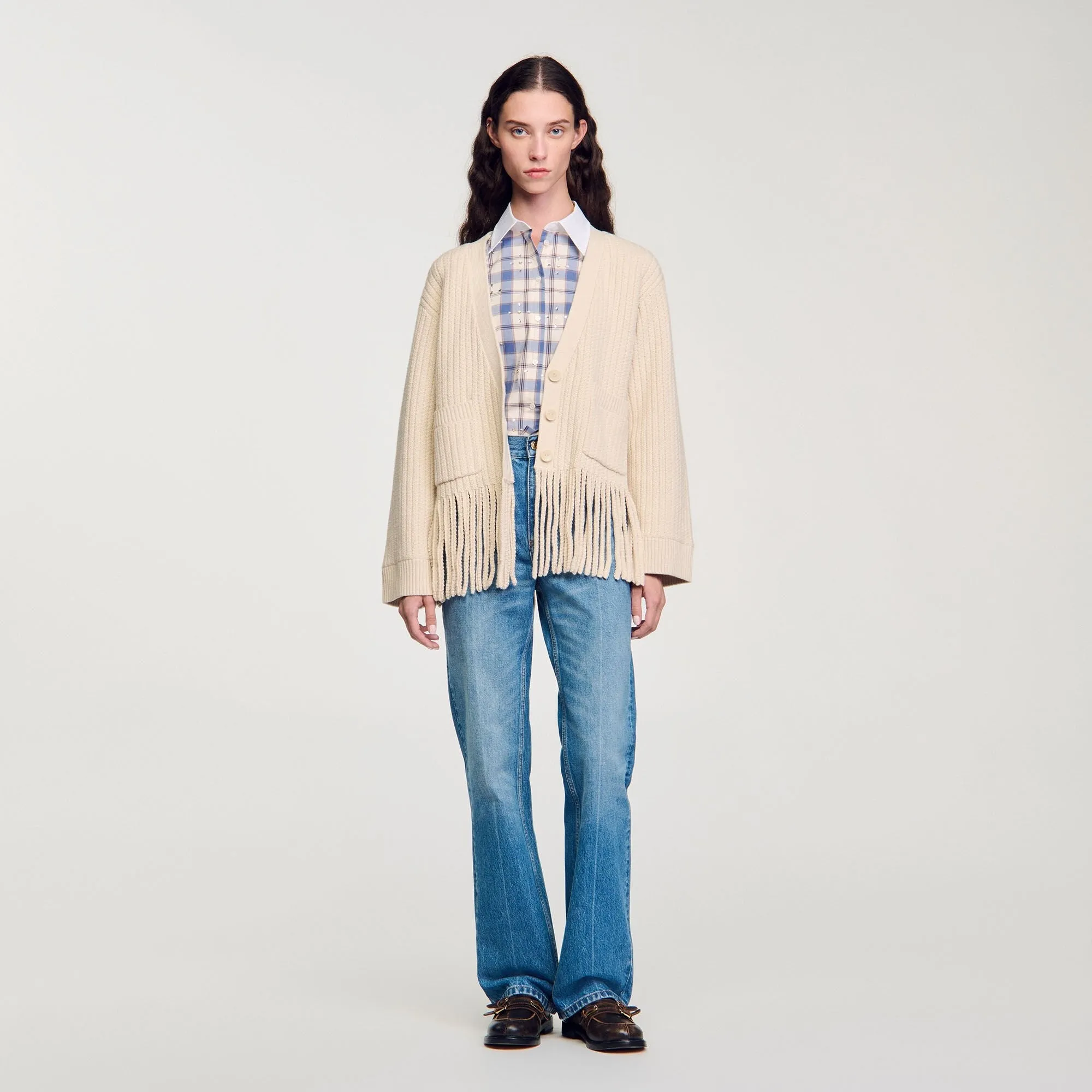 Zoe Fringed Knit Cardigan Ecru