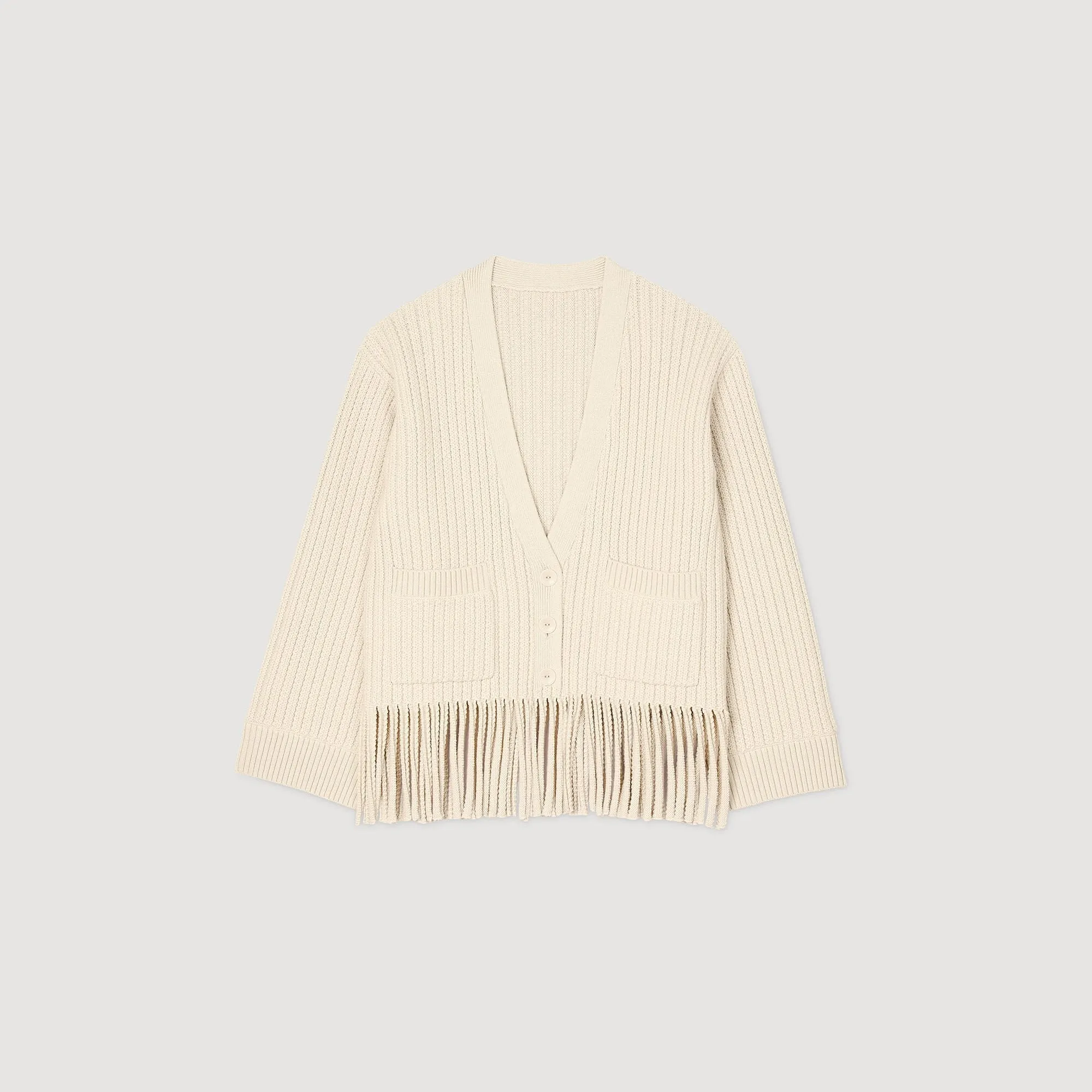 Zoe Fringed Knit Cardigan Ecru