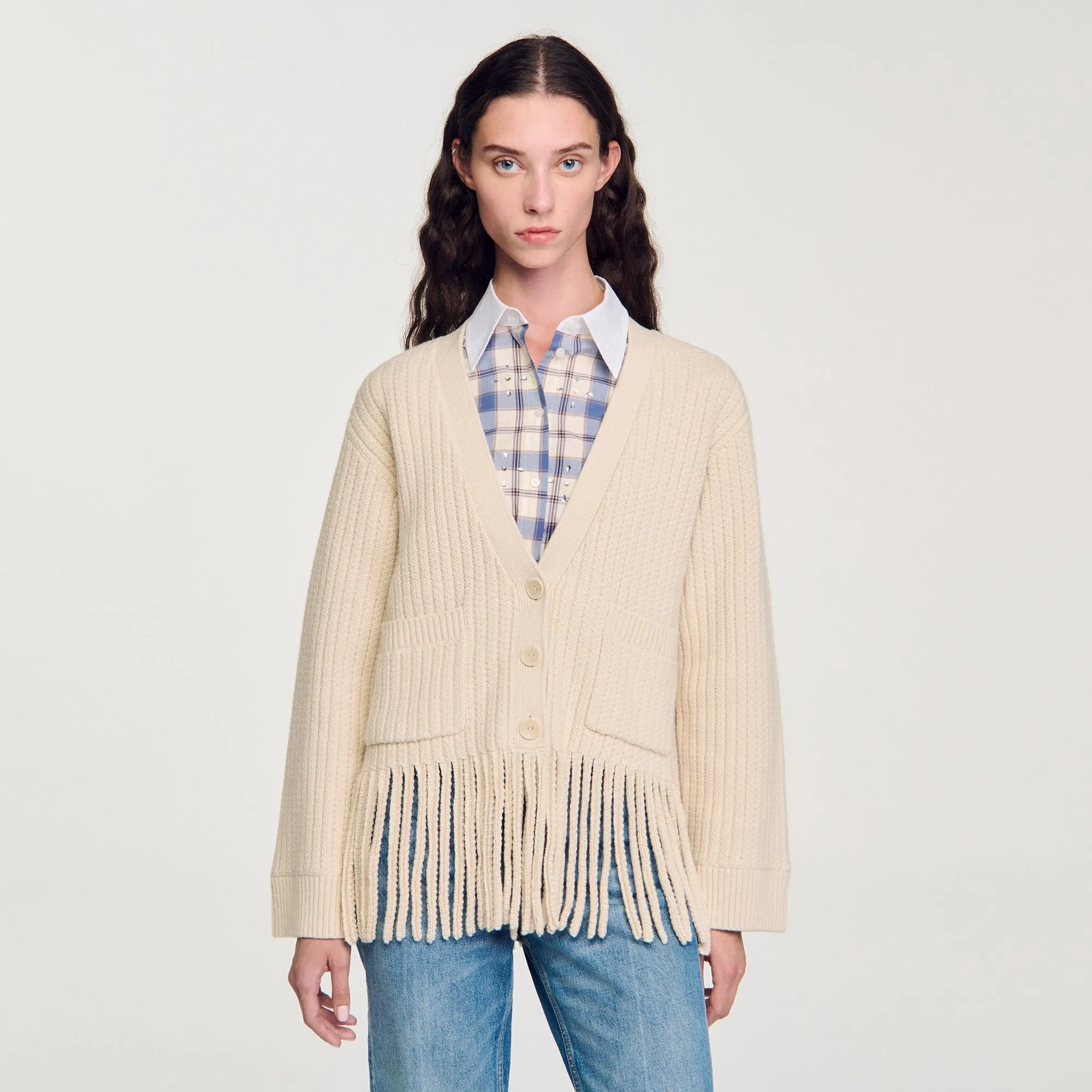 Zoe Fringed Knit Cardigan Ecru